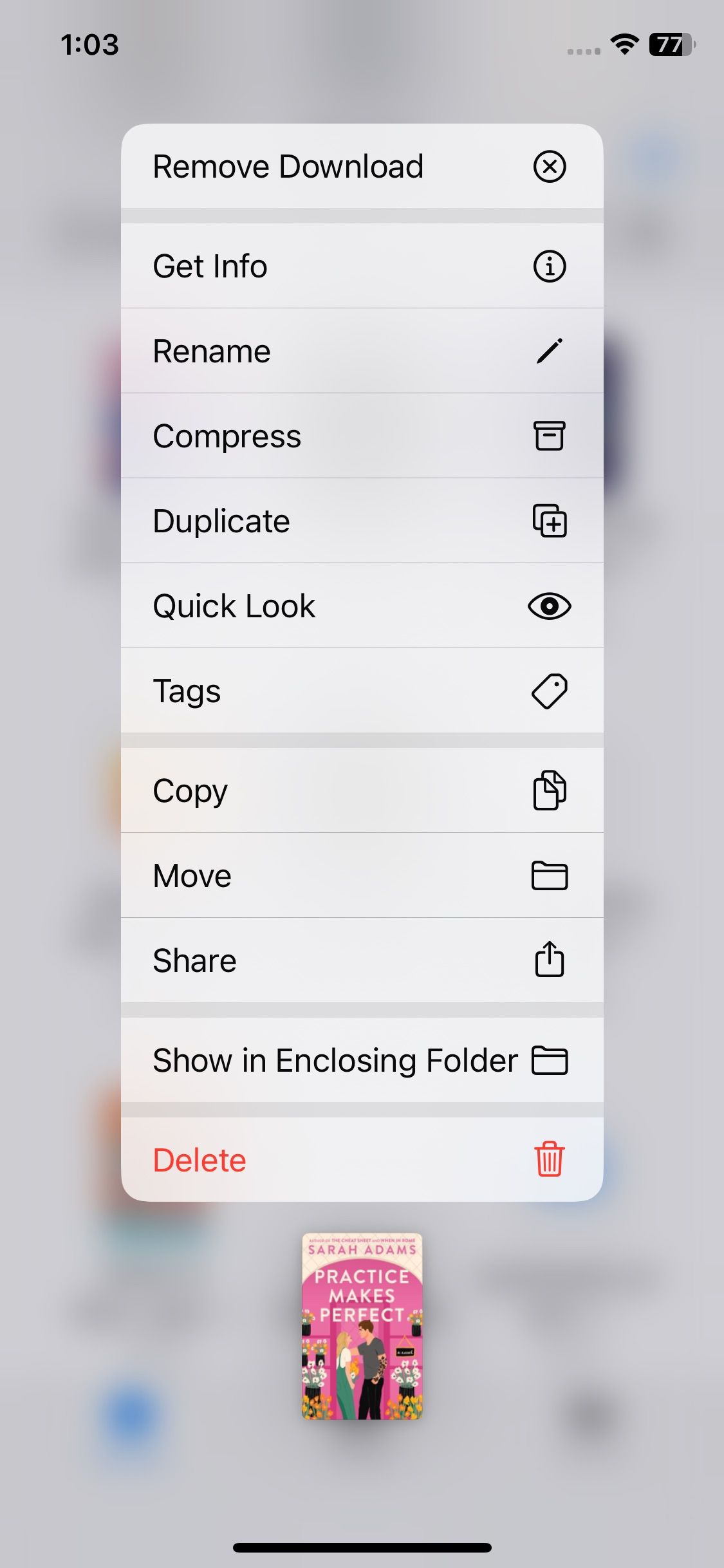 Меню быстрых действий с документом на iOS