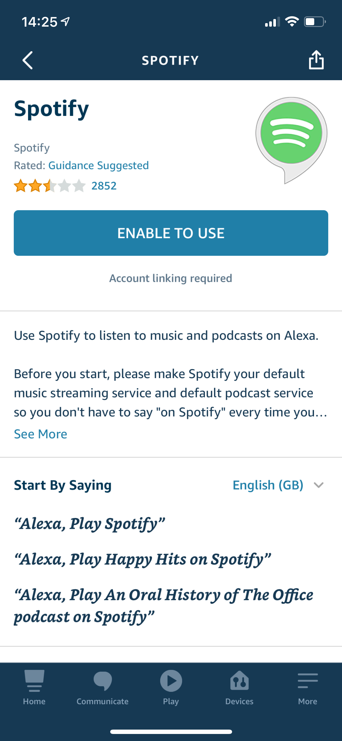 Кнопка включения Spotify в Alexa