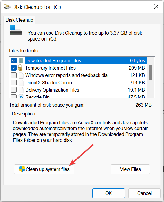Кнопка «Очистить системные файлы» в Очистке диска