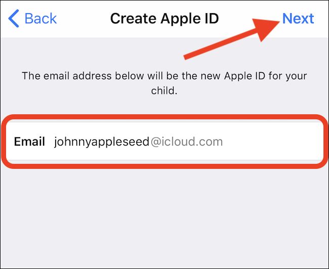 Ввод адреса электронной почты для iCloud и кнопка «Далее»