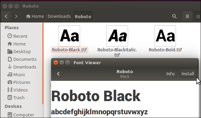 Установка шрифта в Ubuntu с помощью GNOME Font Viewer — кнопка Install