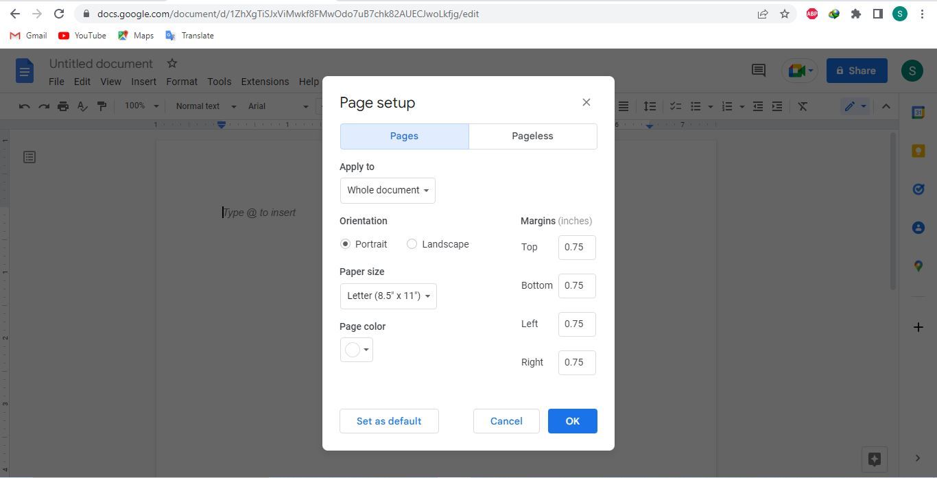 Настройка полей страницы в Google Docs