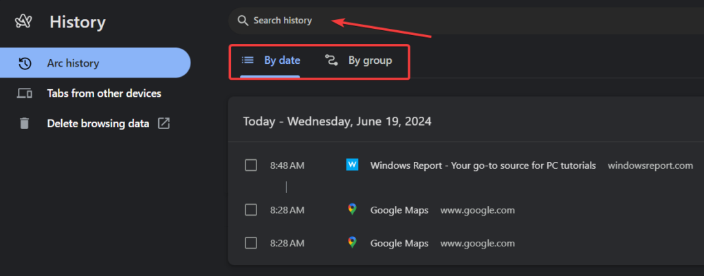 Поиск и сортировка истории в Arc: фильтры по дате и группам