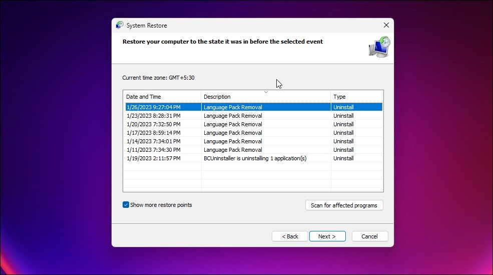 Выбор точки восстановления в Windows 11