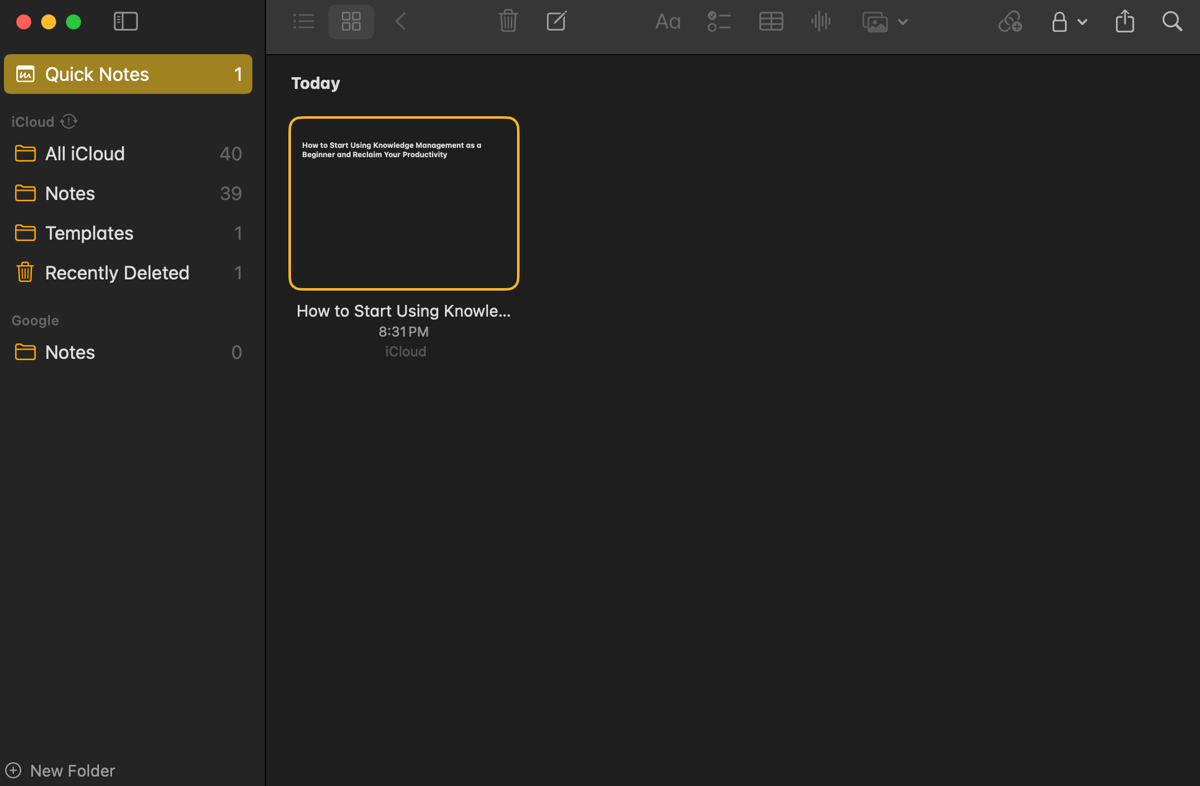 Приложение «Заметки», показывающее функцию Быстрая заметка