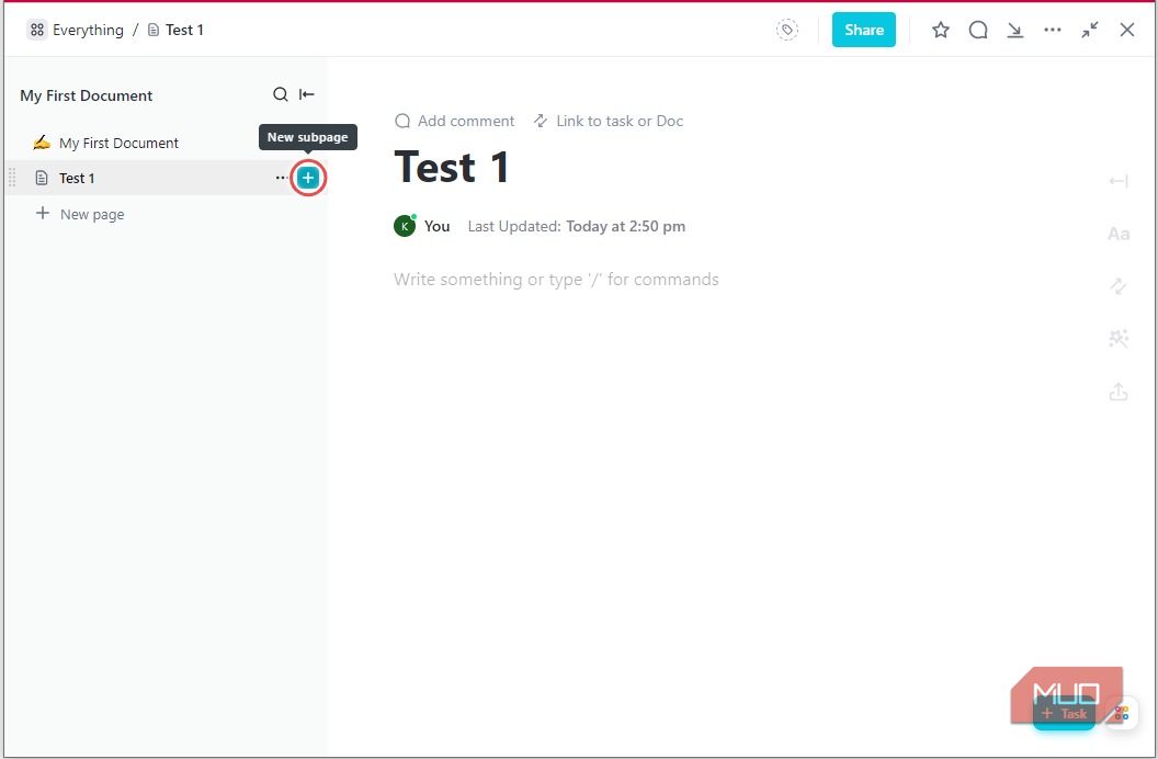 Добавление подпаг в ClickUp Docs