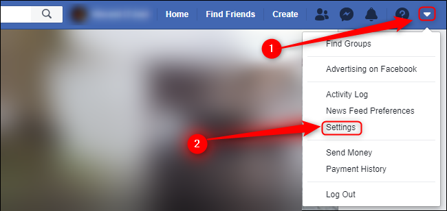 Меню настроек Facebook на рабочем столе