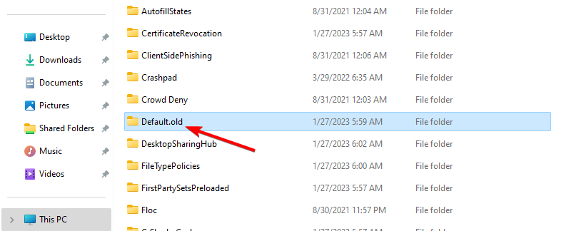 Скриншот: переименование папки Default в Default.old