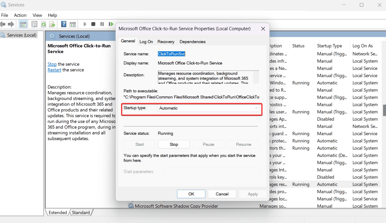 скриншот установки типа запуска Автоматически