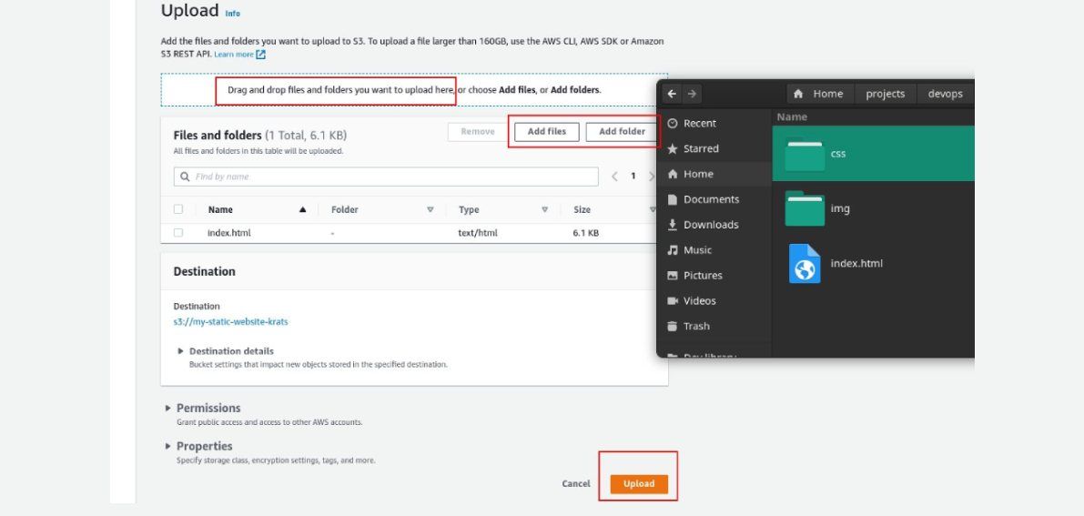 Экран загрузки файлов в бакет и локальный файловый менеджер для выбора файлов