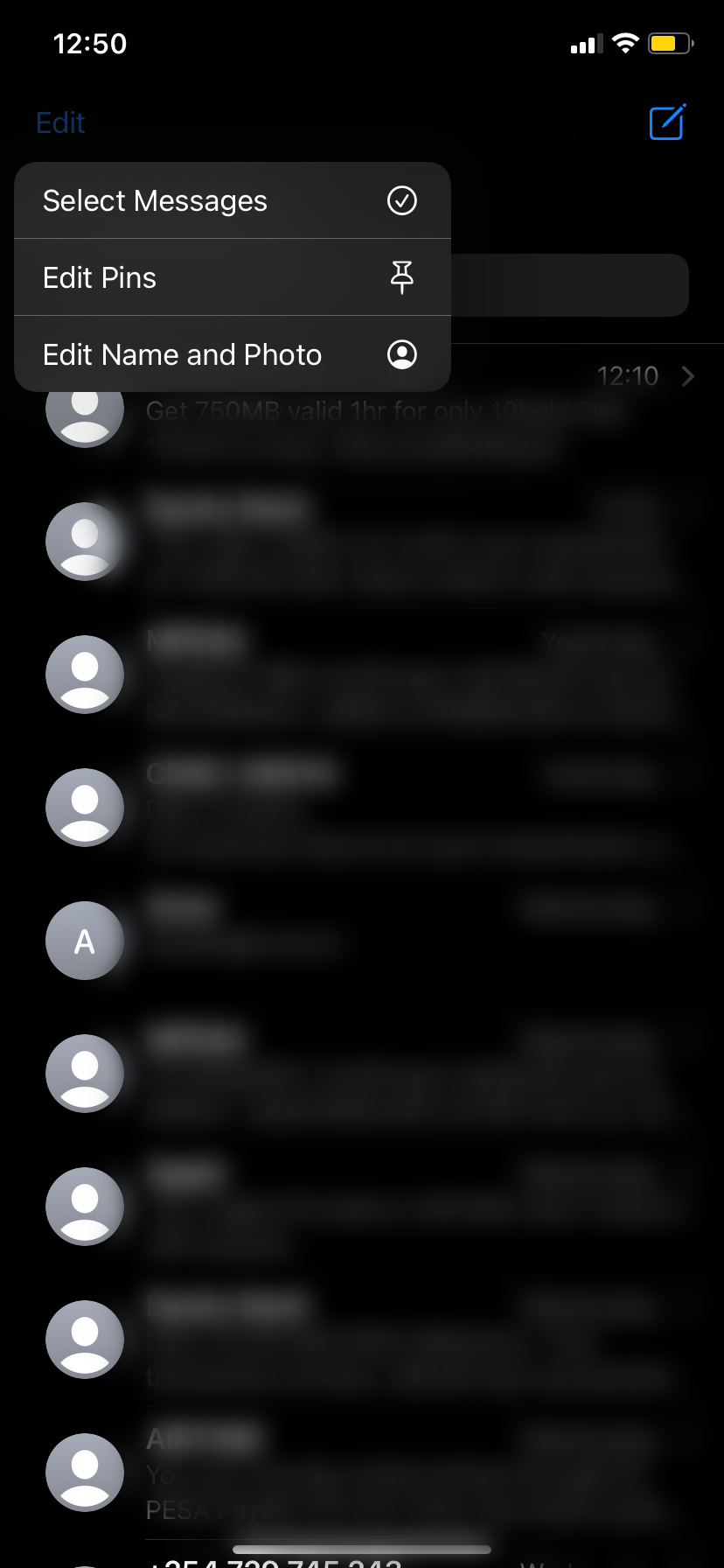 Всплывающее меню iMessage с опциями редактирования