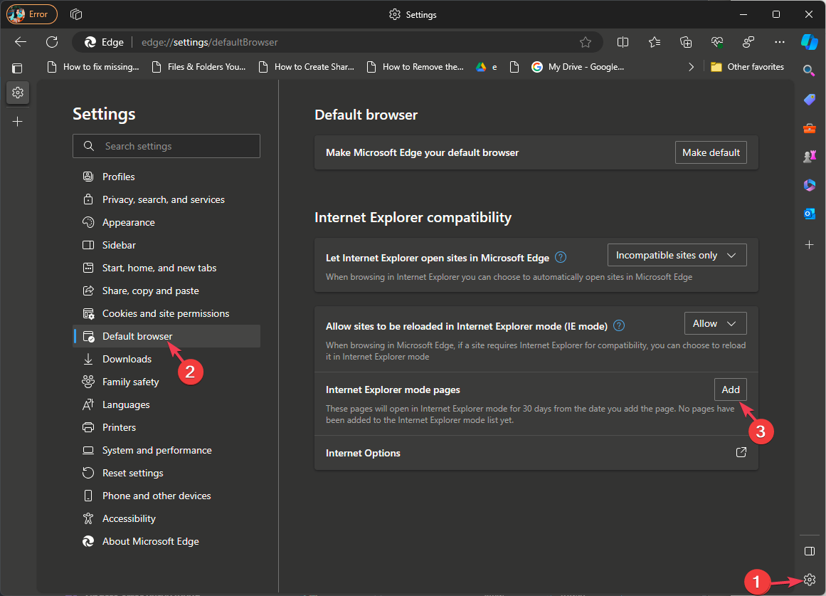 Раздел «Браузер по умолчанию», параметр совместимости с IE