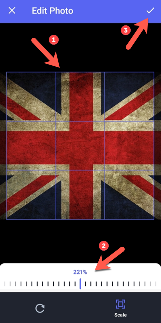 Редактирование аватара: перемещайте и масштабируйте изображение в окне «Редактировать фото», затем нажмите «Сохранить».