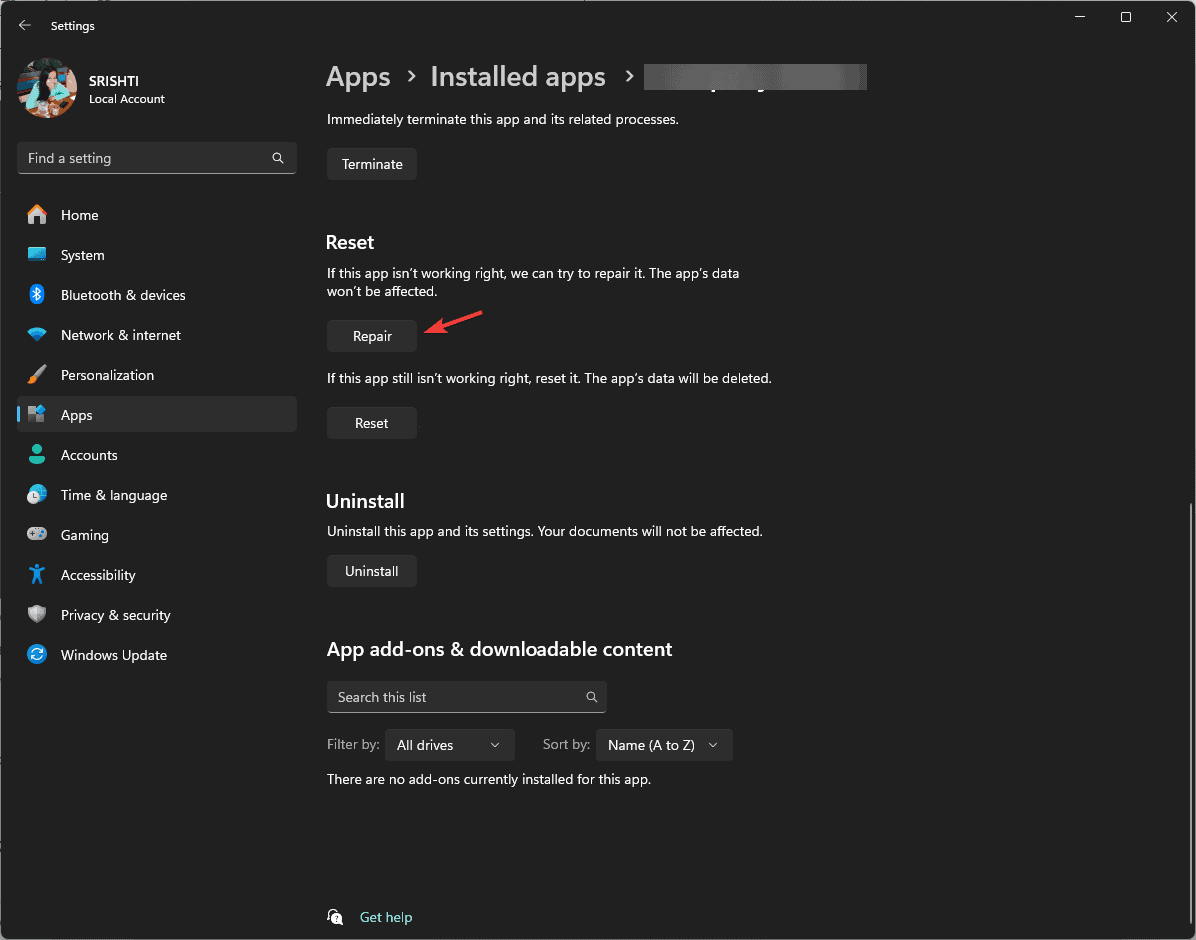 Кнопка Восстановить для приложения в параметрах Windows