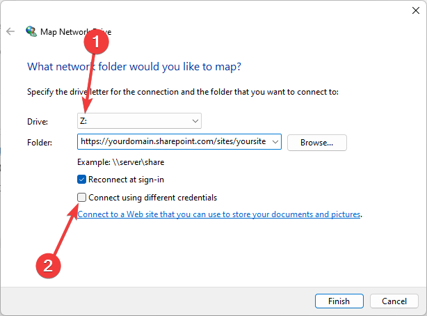 Выбор буквы диска и флажок Подключаться с другими учетными данными