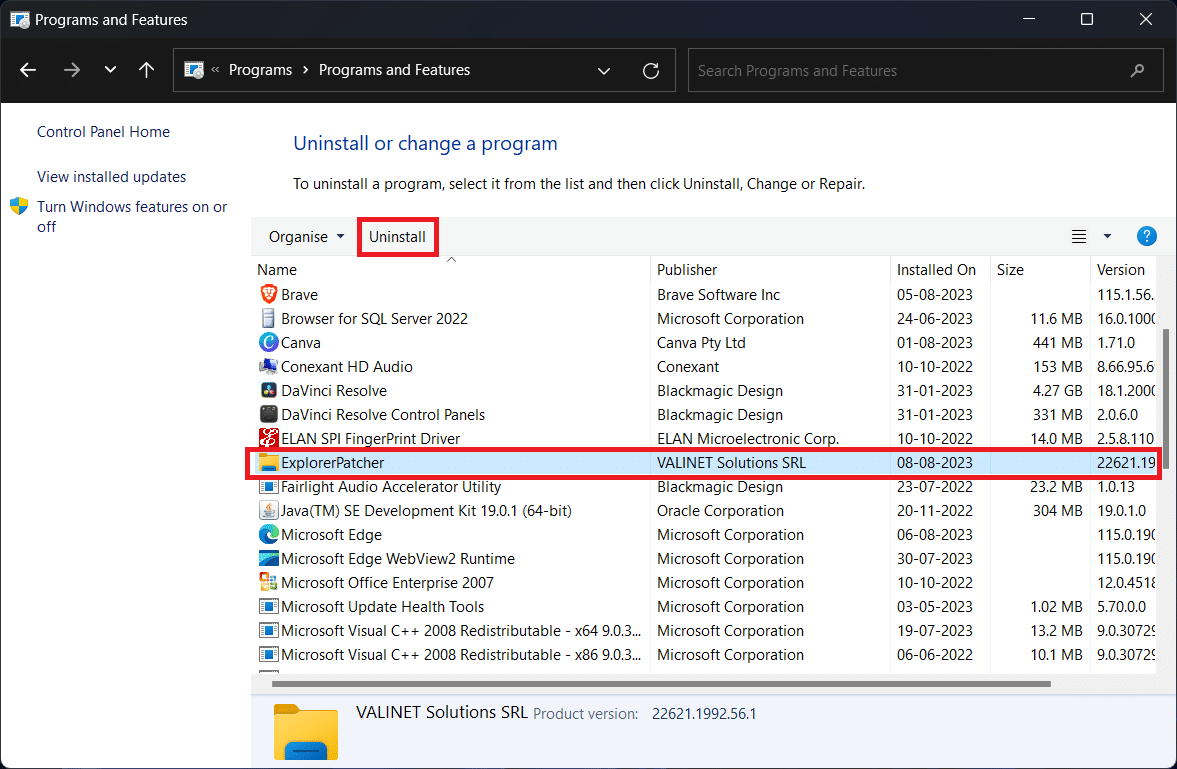 Desinstalar ExplorerPatcher a partir da lista de programas