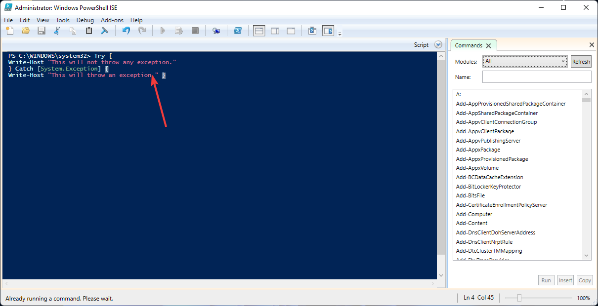 Иллюстрация вывода ошибки в консоль PowerShell