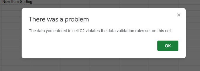 Предупреждение при вводе неправильного значения в Google Sheets.