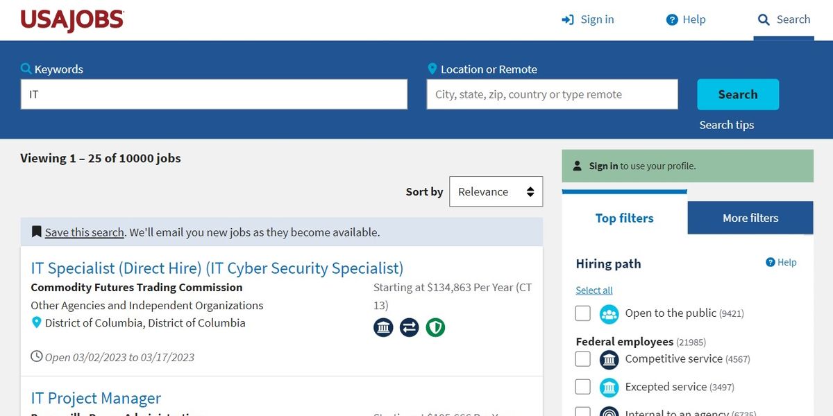 Страница результатов поиска на USAJobs.gov с несколькими вакансиями.