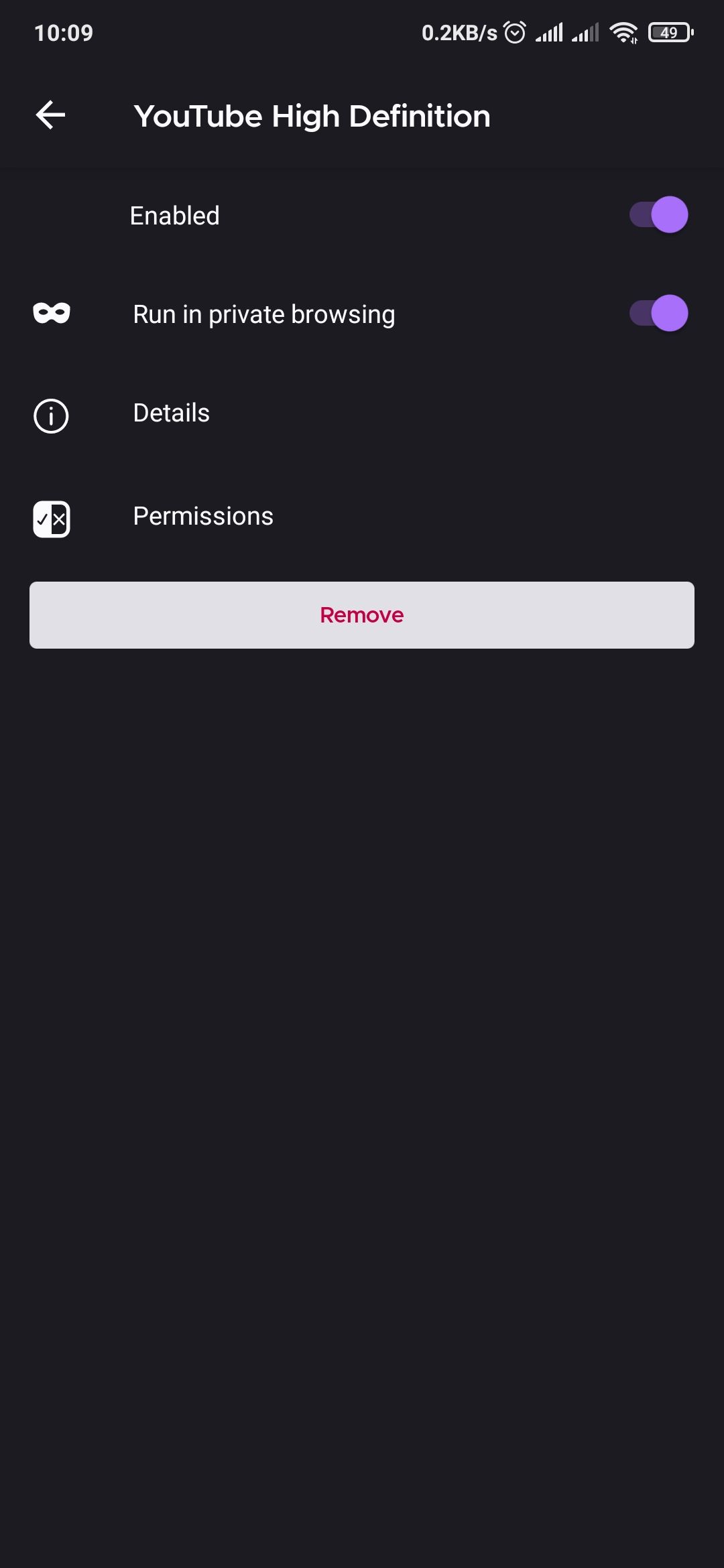 Экран управления отдельным дополнением в Firefox Android