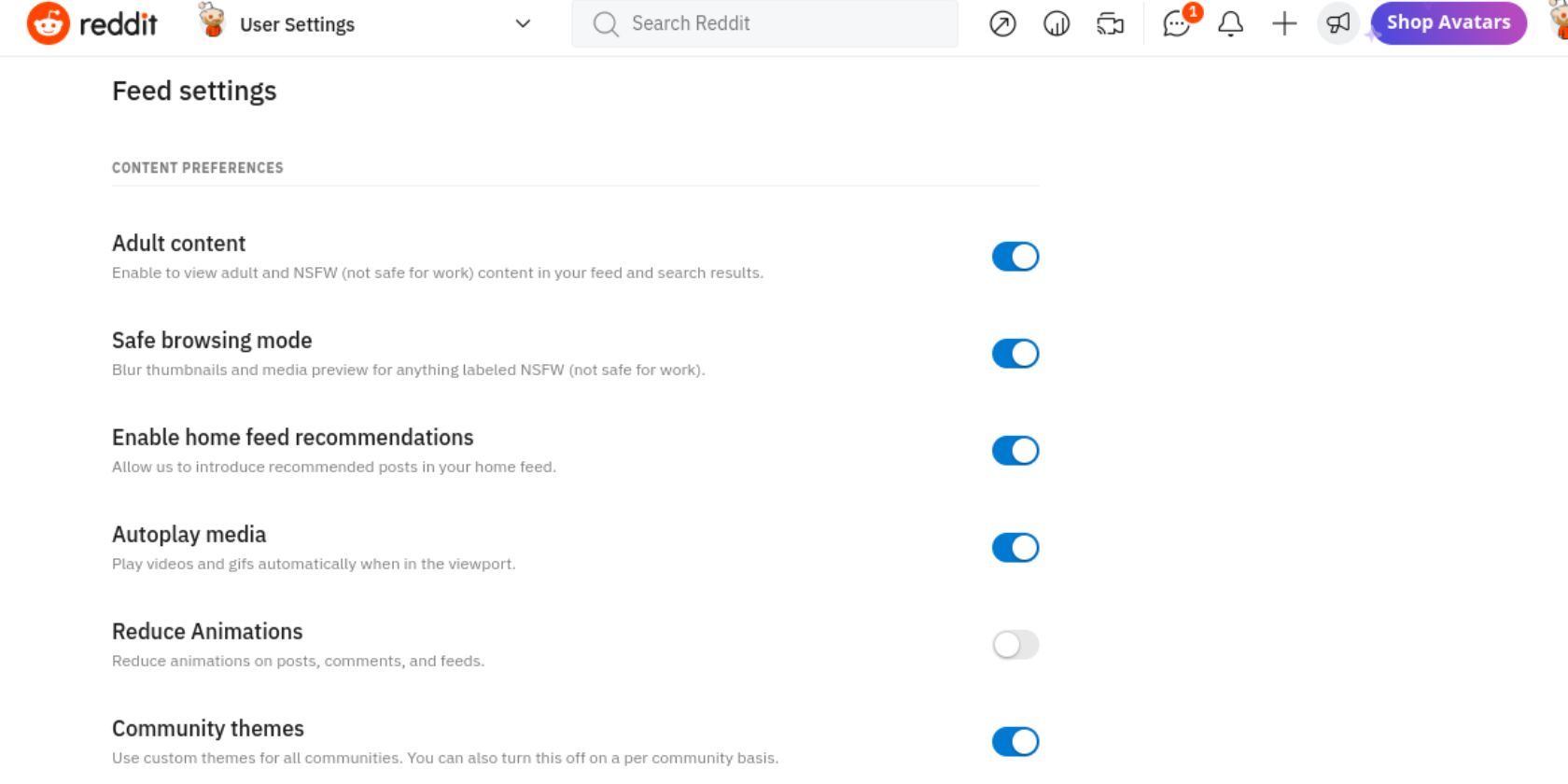 Раздел настроек ленты Reddit