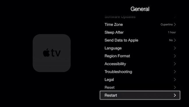Перезагрузка Apple TV: Настройки > Система > Перезагрузка