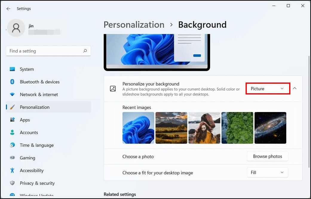 Выбор типа персонализации фона
