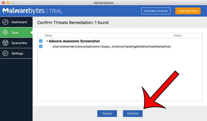 Подтверждение удаления обнаруженных угроз