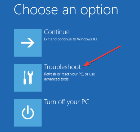 Экран меню устранения неполадок Surface Pro