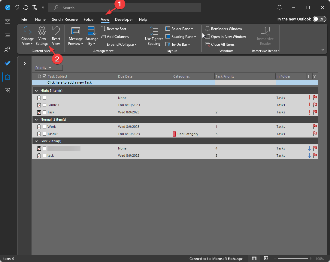 Открытое окно View Settings в Outlook