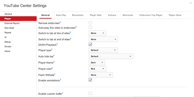 Настроечное окно расширения для YouTube