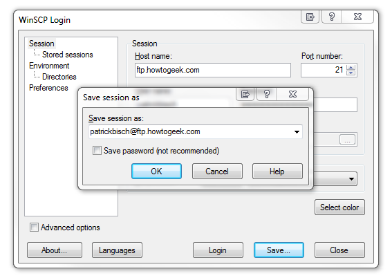 Вход в сохранённую сессию WinSCP для проверки подключения