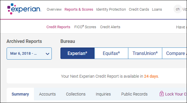 Скриншот FreeCreditScore.com с отчётом Experian