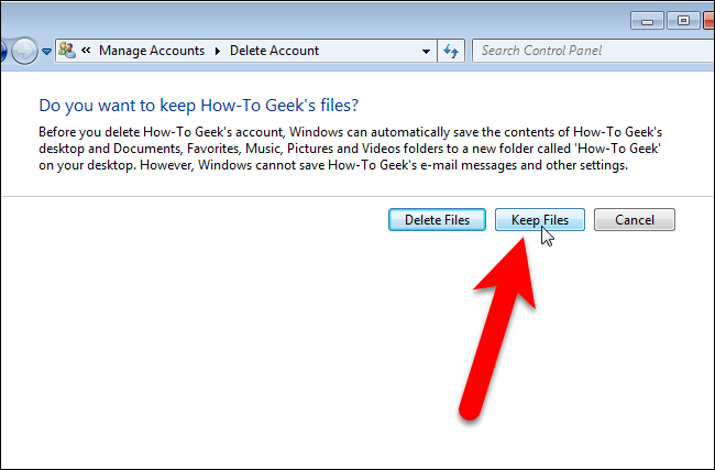 Выбор сохранить файлы в Windows 7