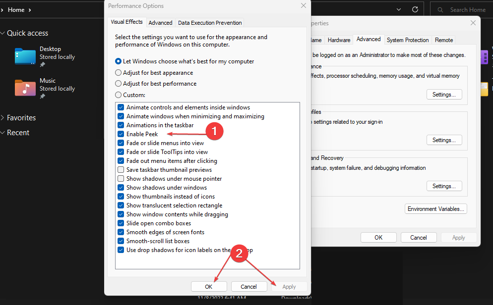 Опция Включить Peek в параметрах визуальных эффектов