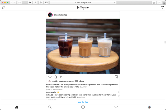 Мобильный интерфейс Instagram в Safari на Mac