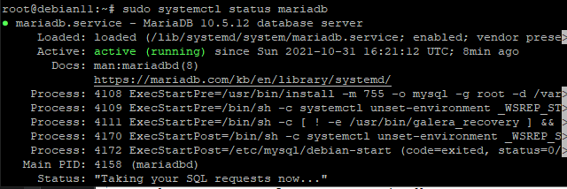 Статус службы MariaDB после установки