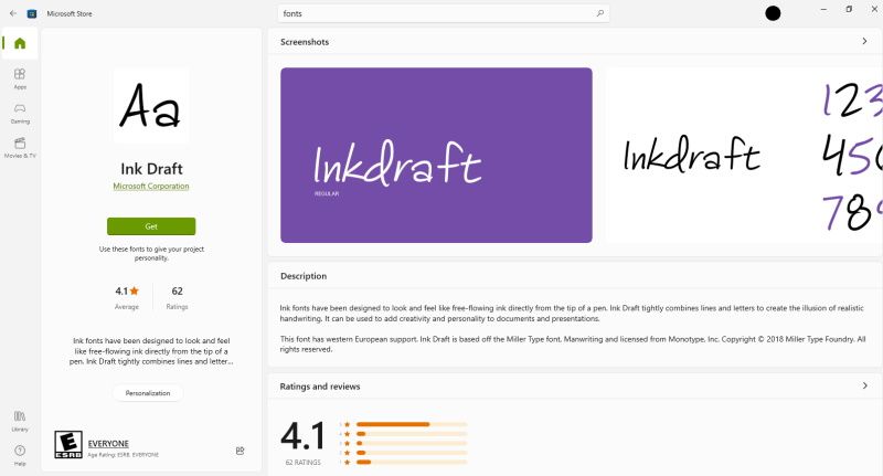 Установка шрифтов через поиск в Microsoft Store