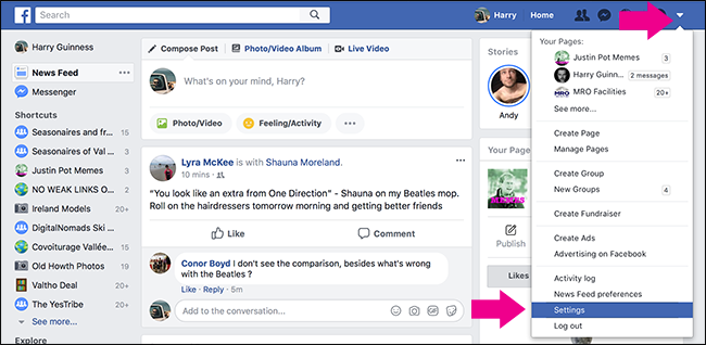 Страница общих настроек Facebook с меню пользователя