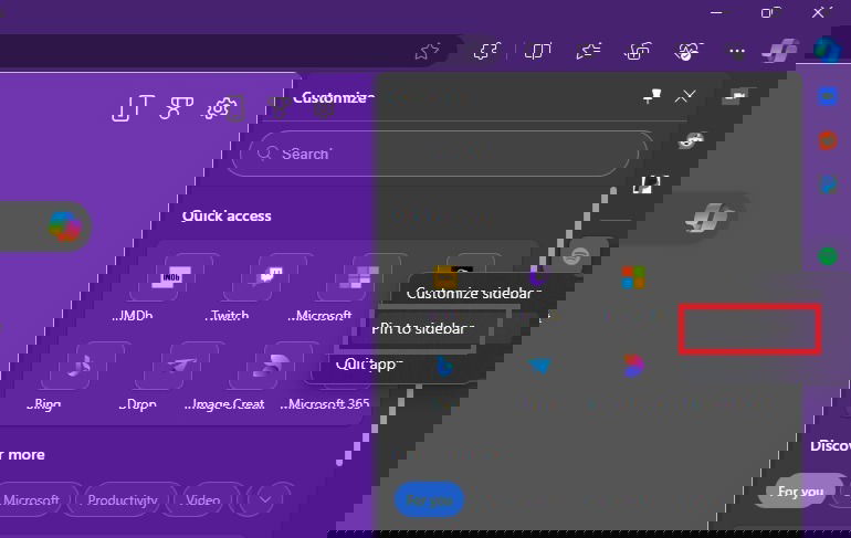 Pinning items to the Sidebar in Edge.