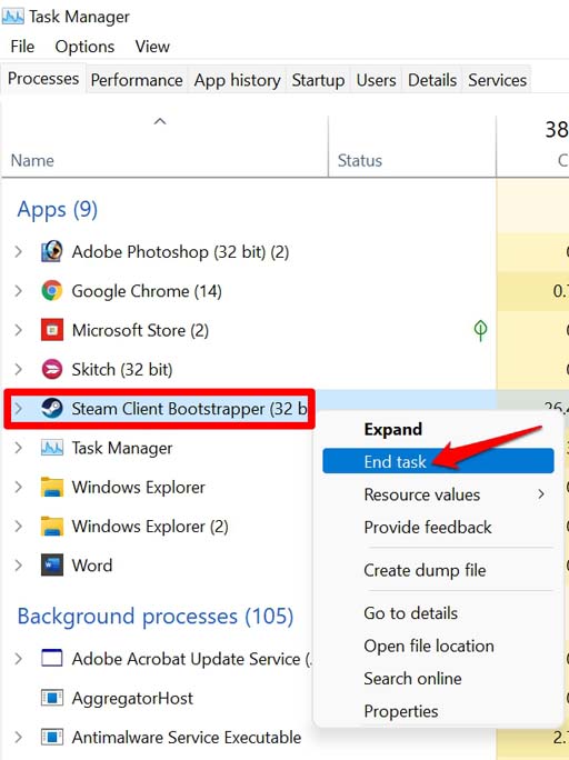 Завершение задачи в Диспетчере задач (пример: Steam)
