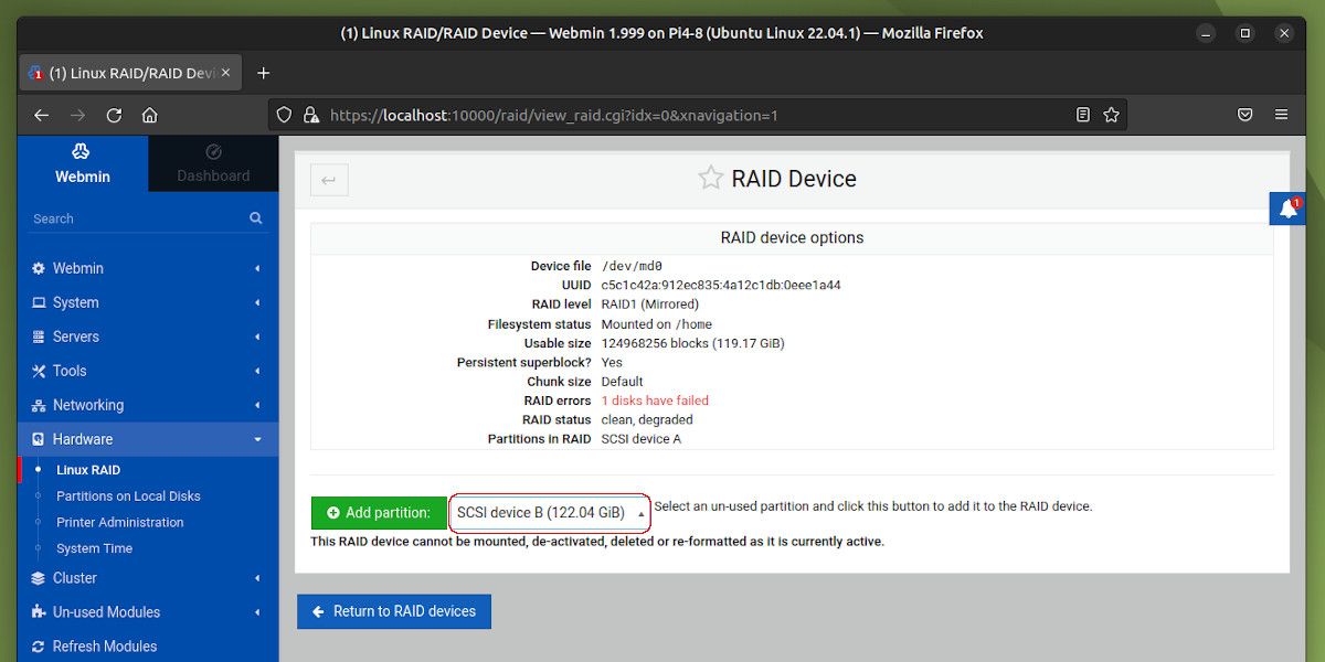 Adding a new disk to rebuild RAID in Webmin interface