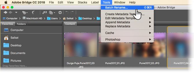 Диалог пакетного переименования в Adobe Bridge