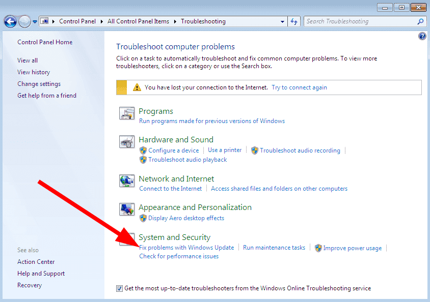 Средство устранения неполадок обновлений
