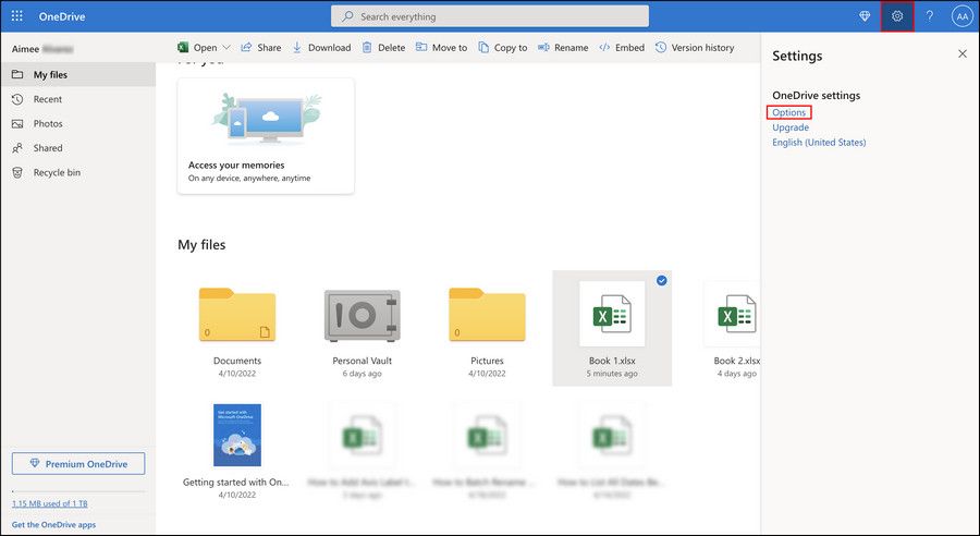 Значок шестерёнки и параметры OneDrive
