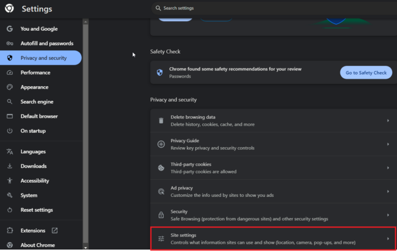 Выбор раздела Настройки сайта в Chrome