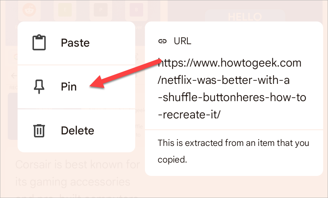 Прикрепление элемента в буфере Gboard.