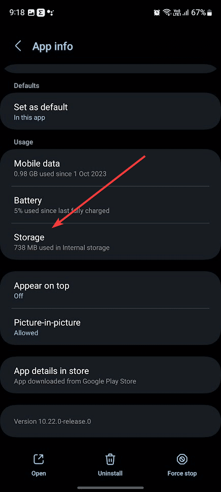 Tela de armazenamento do app mostrando botão Limpar cache