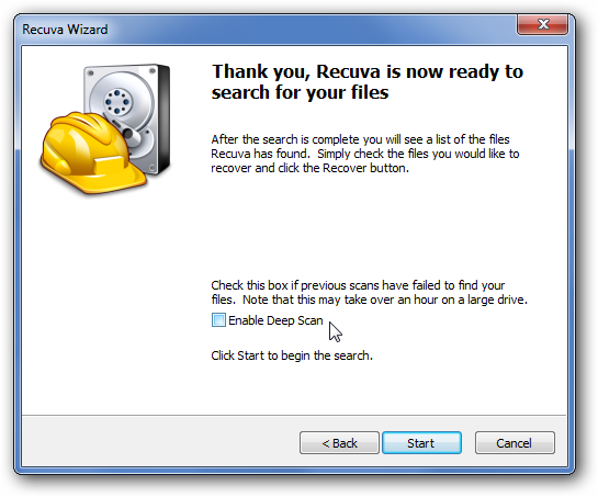 Опция глубокого сканирования в Recuva — сначала пробуем без неё