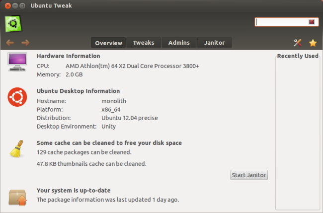 Основной экран Ubuntu Tweak с вкладками Overview, Tweaks, Admins, Janitor